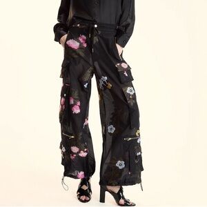 Cynthia Rowley Black Wide Leg Pants with Floral Embroidery